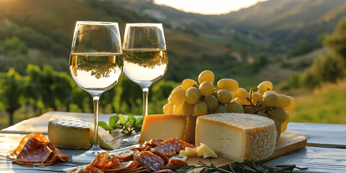 D&eacute;gustation de vin avec fromages et produits locaux.